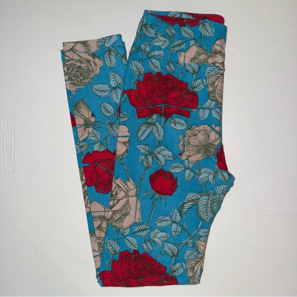 LuLaRoe Blue Leggings with Red Floral Design